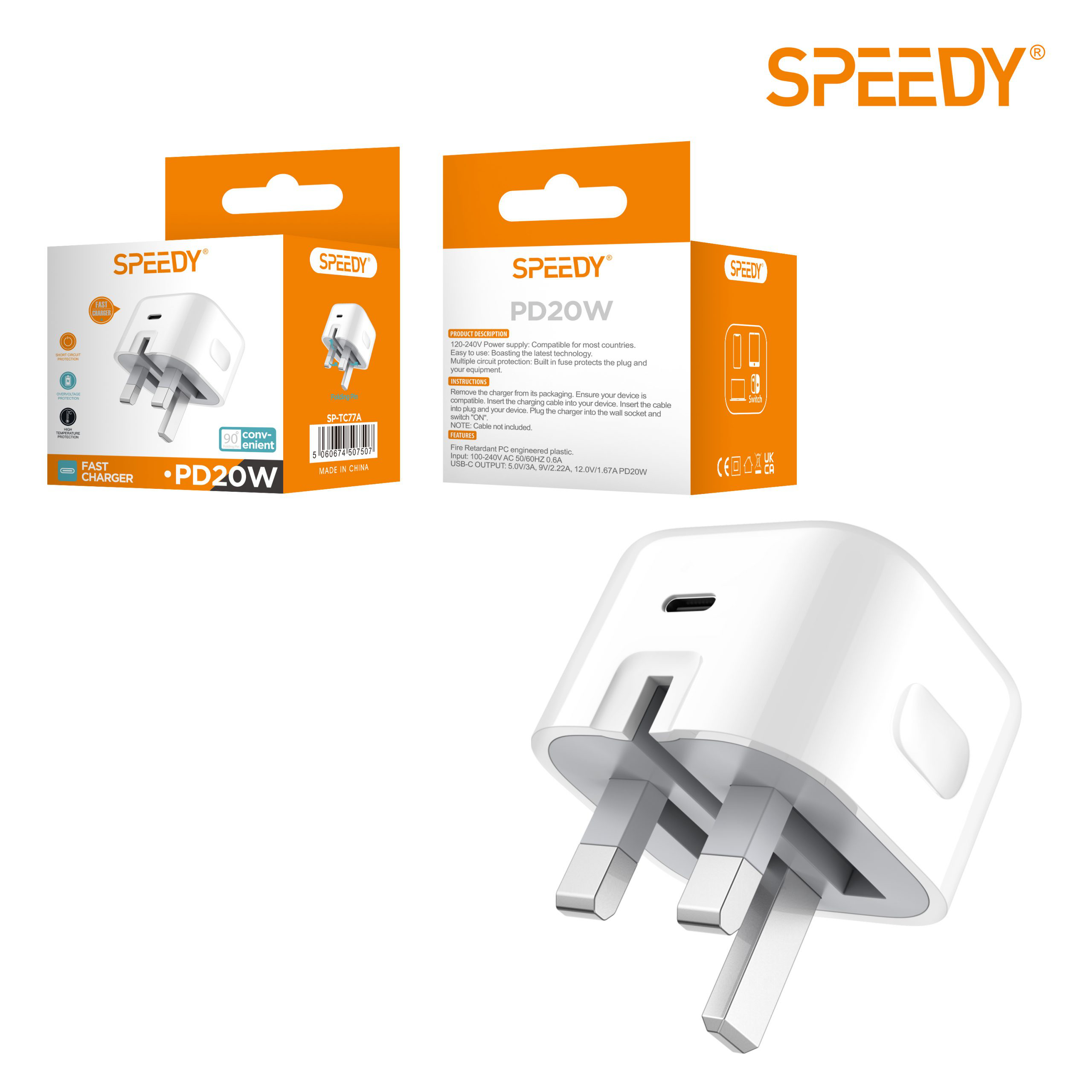 USB Type C Mains Charger 20W - White UK 3-Pin