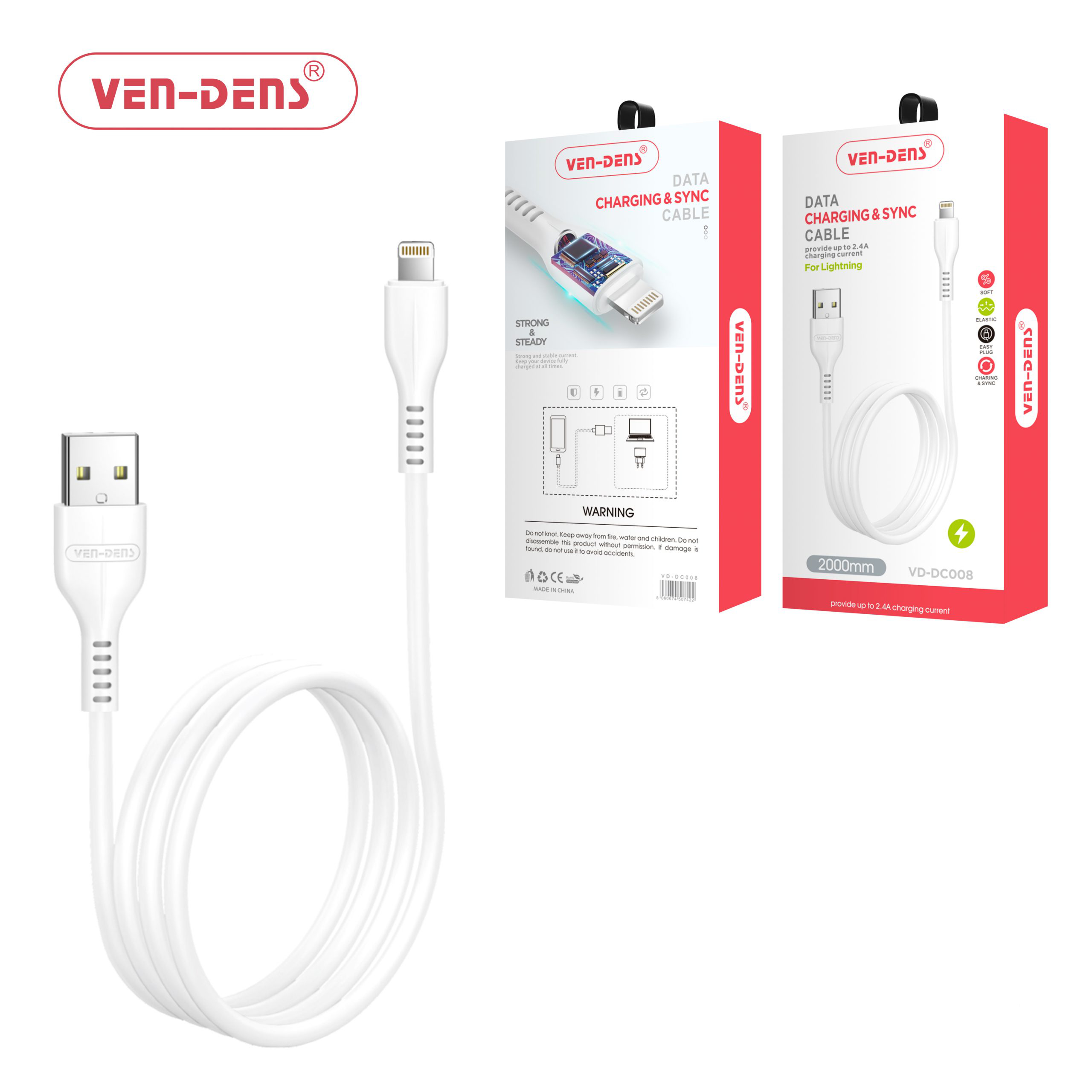 2M USB to Lightning Data Sync Charging Cable - White